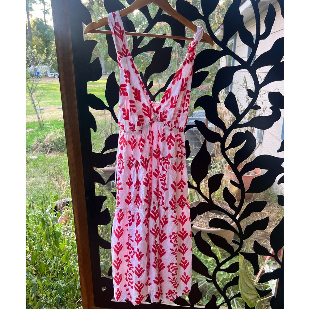 Salty Lemon Red White Geometric Leaf Print Tiered V-Neck Midi Dress Womens
